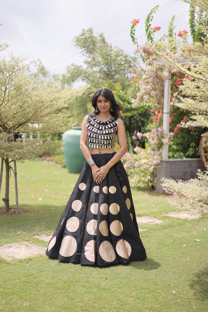 Elegant Black Roman Silk Lehenga Outfit for Navratri, Garba & Party Wear