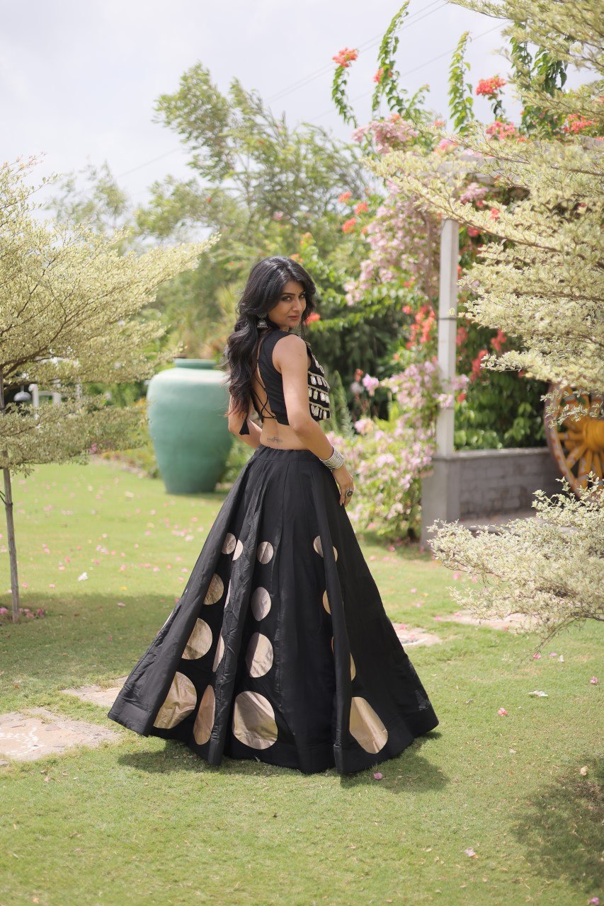Elegant Black Roman Silk Lehenga Outfit for Navratri, Garba & Party Wear