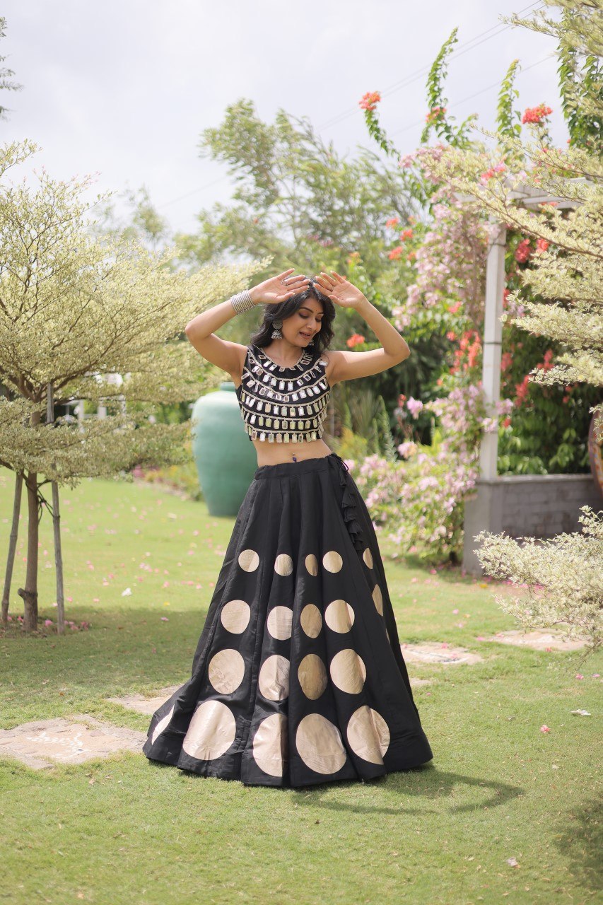 Elegant Black Roman Silk Lehenga Outfit for Navratri, Garba & Party Wear