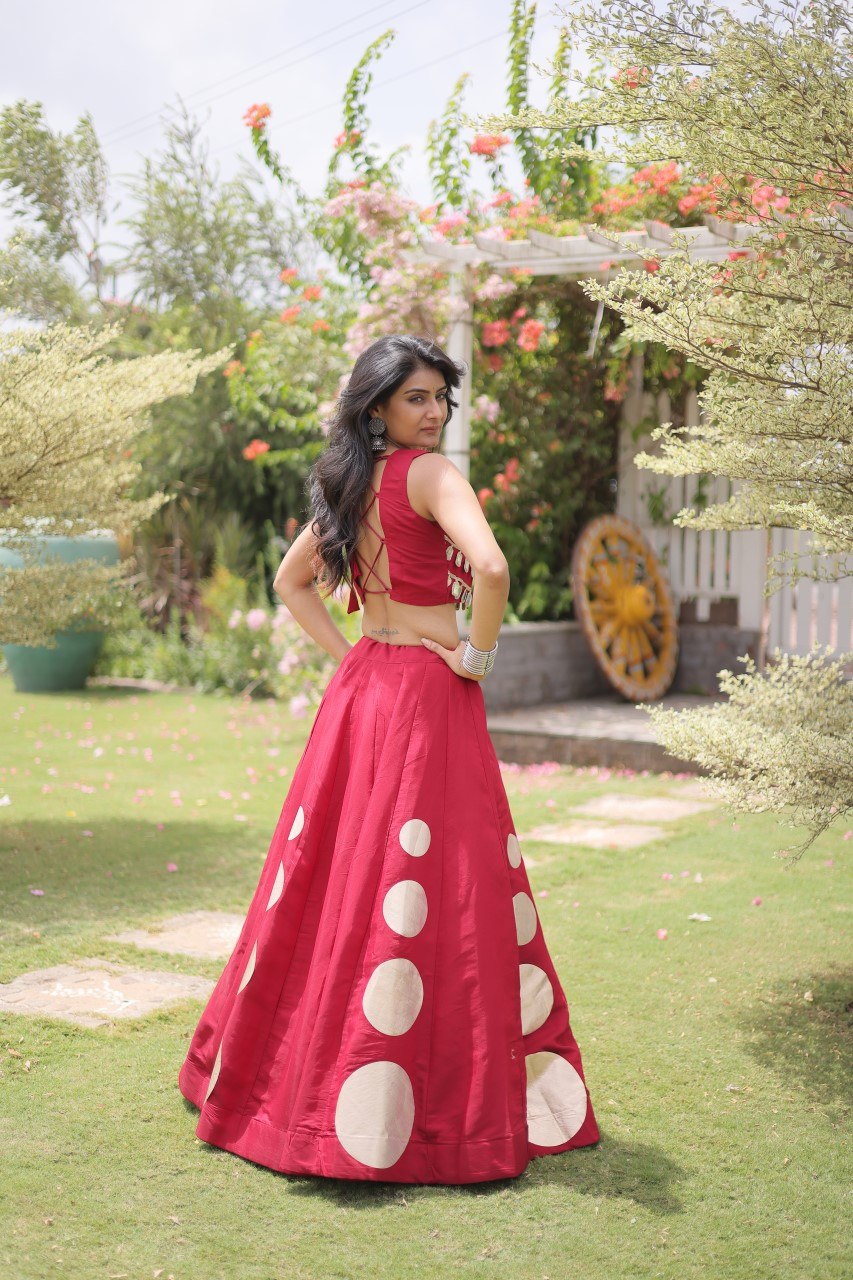 Maroon Roman Silk Crop Top and Lehenga Set for Women - Premium Ethnic Wear