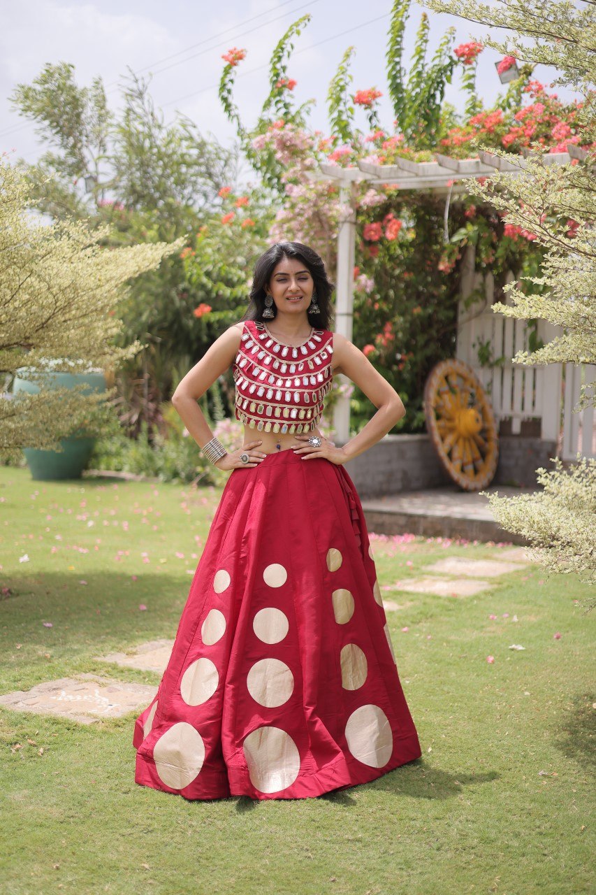 Maroon Roman Silk Crop Top and Lehenga Set for Women - Premium Ethnic Wear