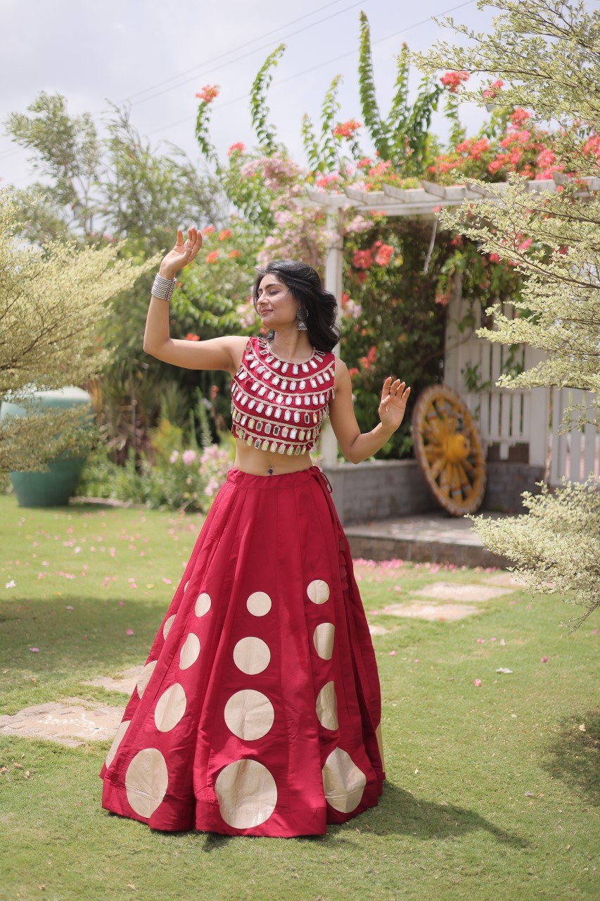 Maroon Roman Silk Crop Top and Lehenga Set for Women - Premium Ethnic Wear