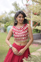 Maroon Roman Silk Crop Top and Lehenga Set for Women - Premium Ethnic Wear