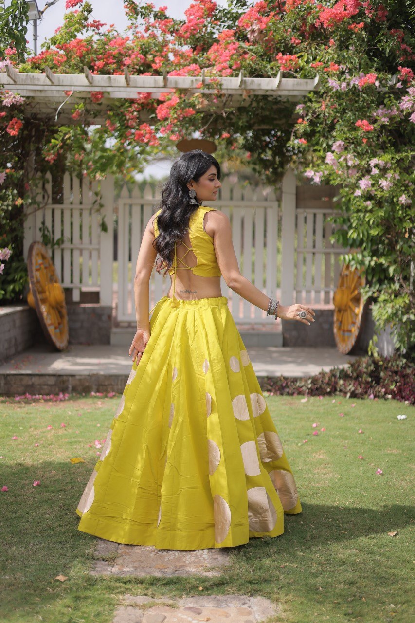 Stylish Lime Yellow Roman Silk Lehenga Set for Women- Party Wear Outfit