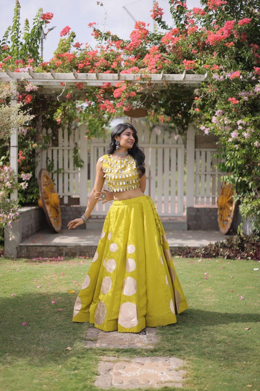 Stylish Lime Yellow Roman Silk Lehenga Set for Women- Party Wear Outfit