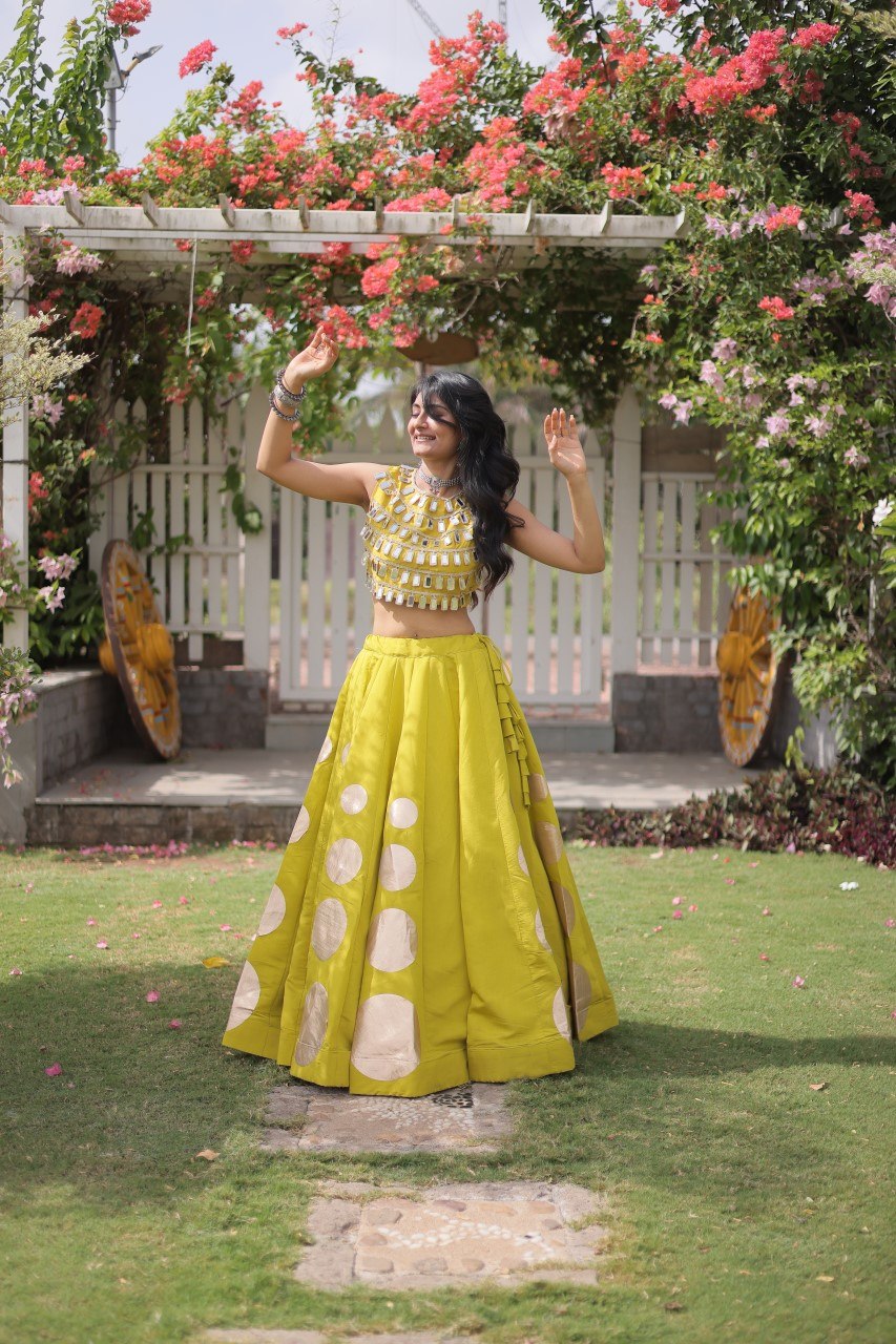 Stylish Lime Yellow Roman Silk Lehenga Set for Women- Party Wear Outfit