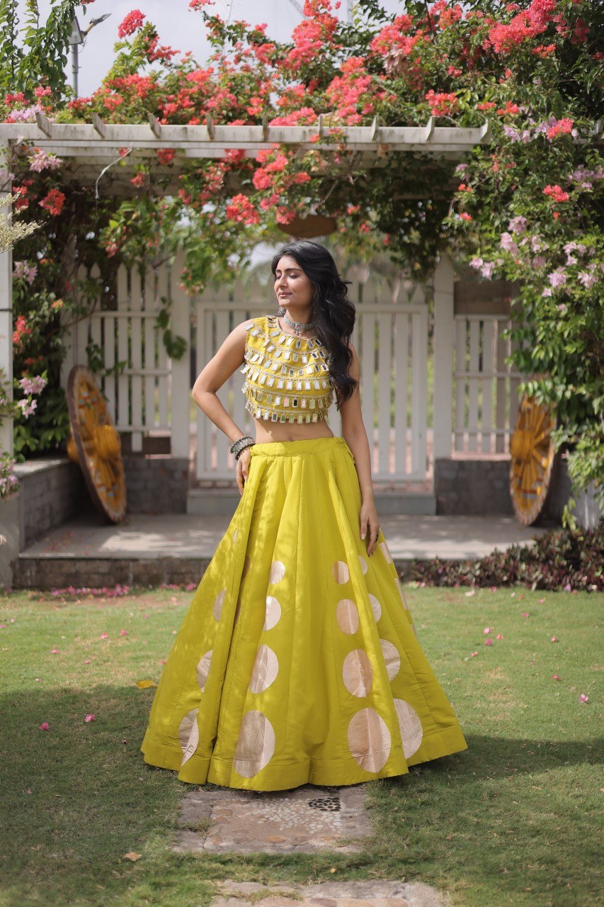 Stylish Lime Yellow Roman Silk Lehenga Set for Women- Party Wear Outfit