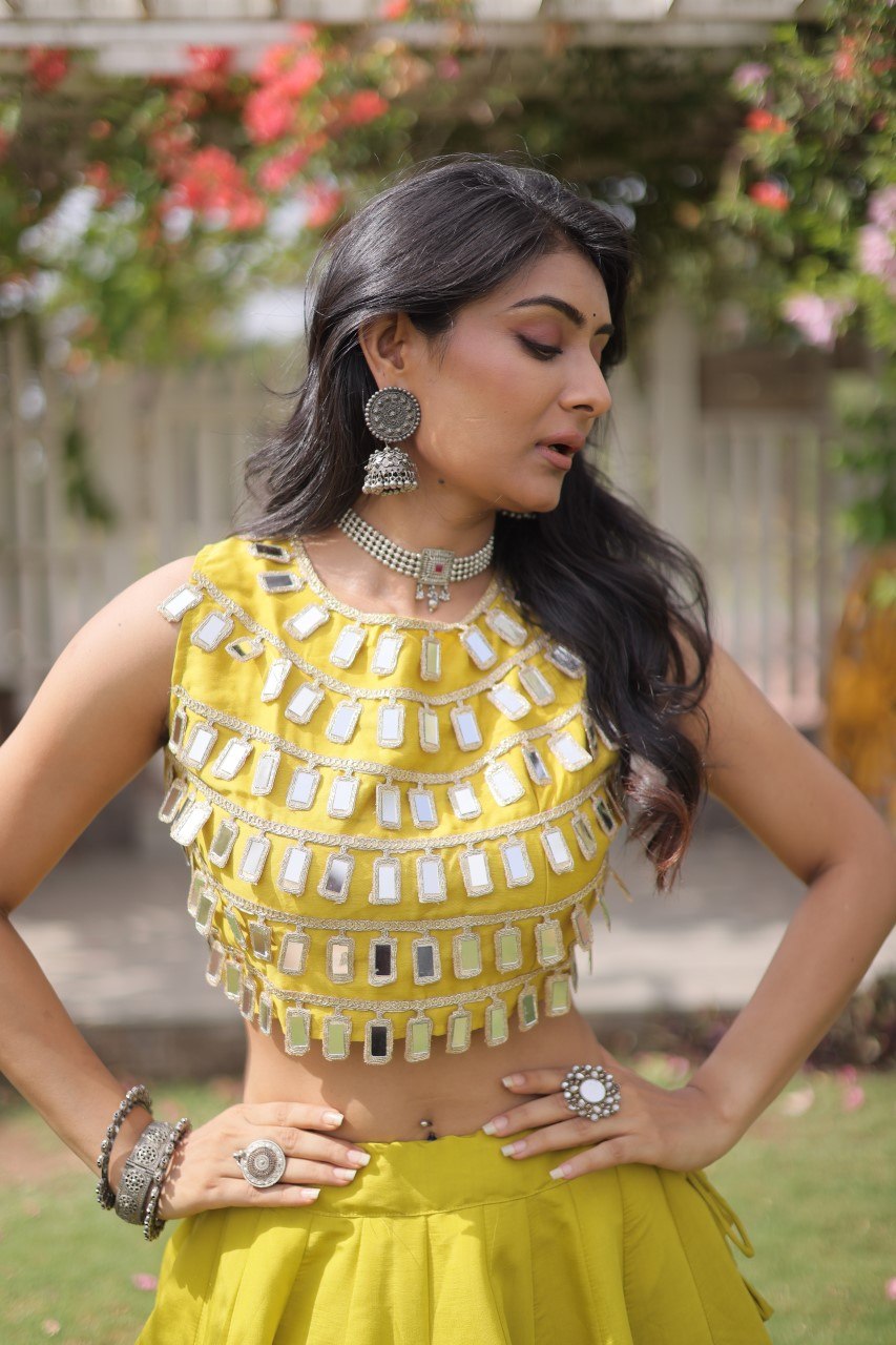 Stylish Lime Yellow Roman Silk Lehenga Set for Women- Party Wear Outfit