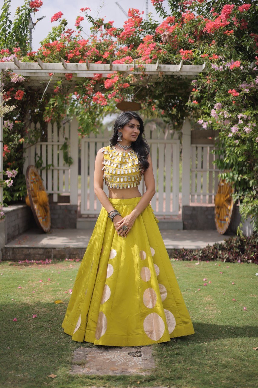 Stylish Lime Yellow Roman Silk Lehenga Set for Women- Party Wear Outfit