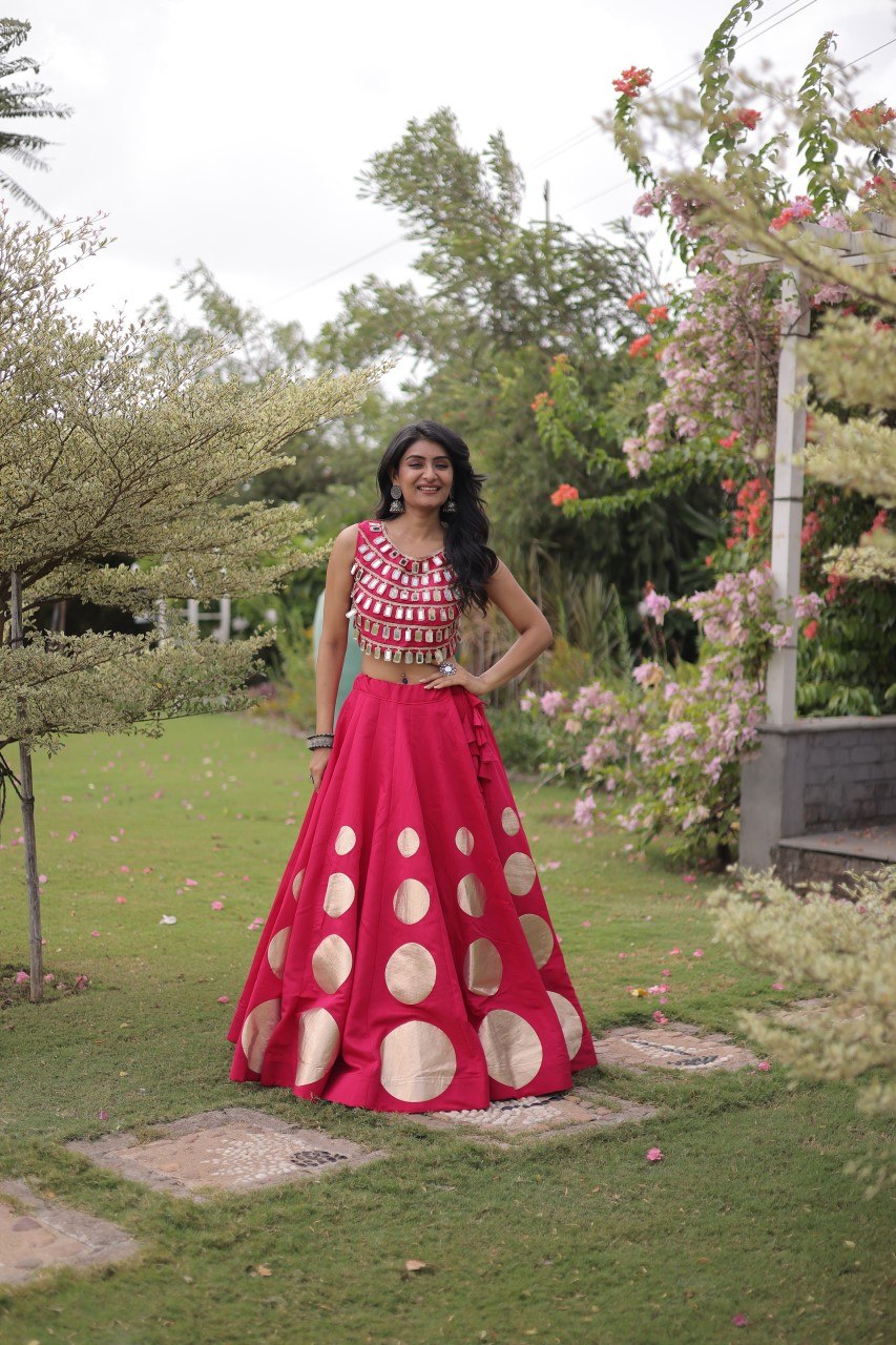 Trendy Pink Roman Silk Crop Top With Lehenga Set for Women - Navratri & Festive Wear