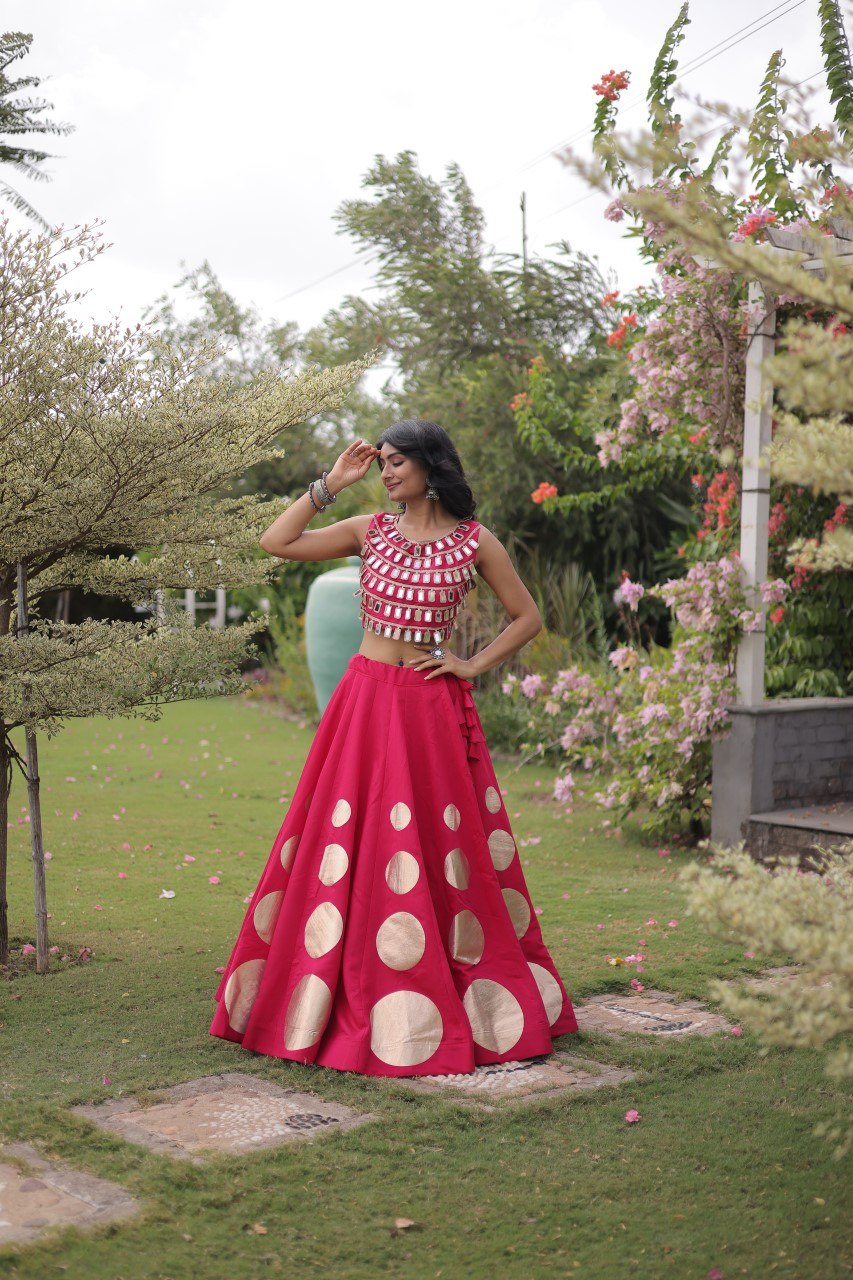 Trendy Pink Roman Silk Crop Top With Lehenga Set for Women - Navratri & Festive Wear