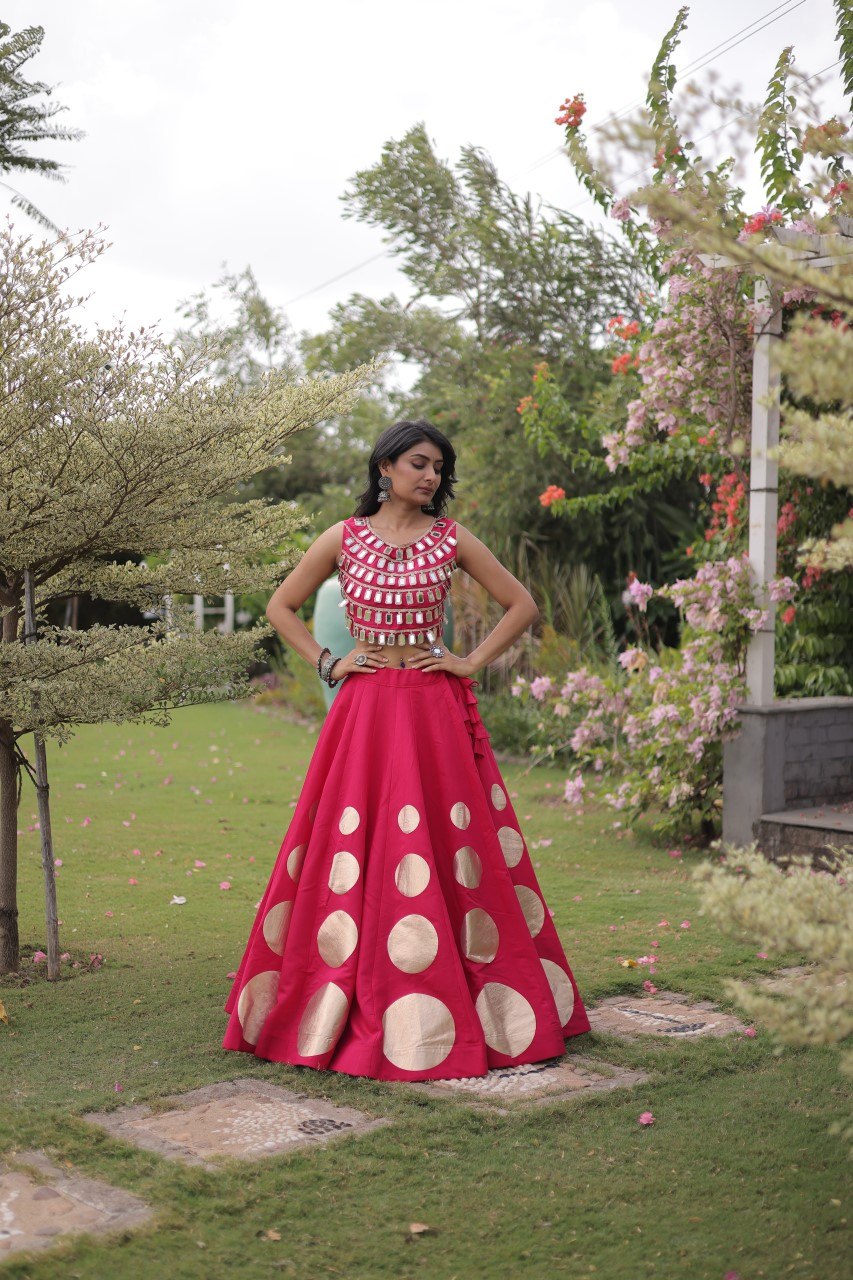 Trendy Pink Roman Silk Crop Top With Lehenga Set for Women - Navratri & Festive Wear