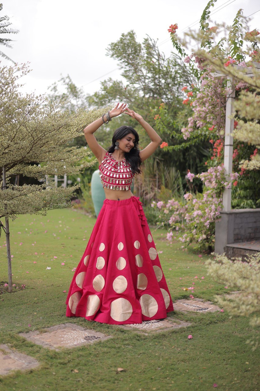 Trendy Pink Roman Silk Crop Top With Lehenga Set for Women - Navratri & Festive Wear