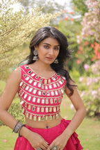 Trendy Pink Roman Silk Crop Top With Lehenga Set for Women - Navratri & Festive Wear