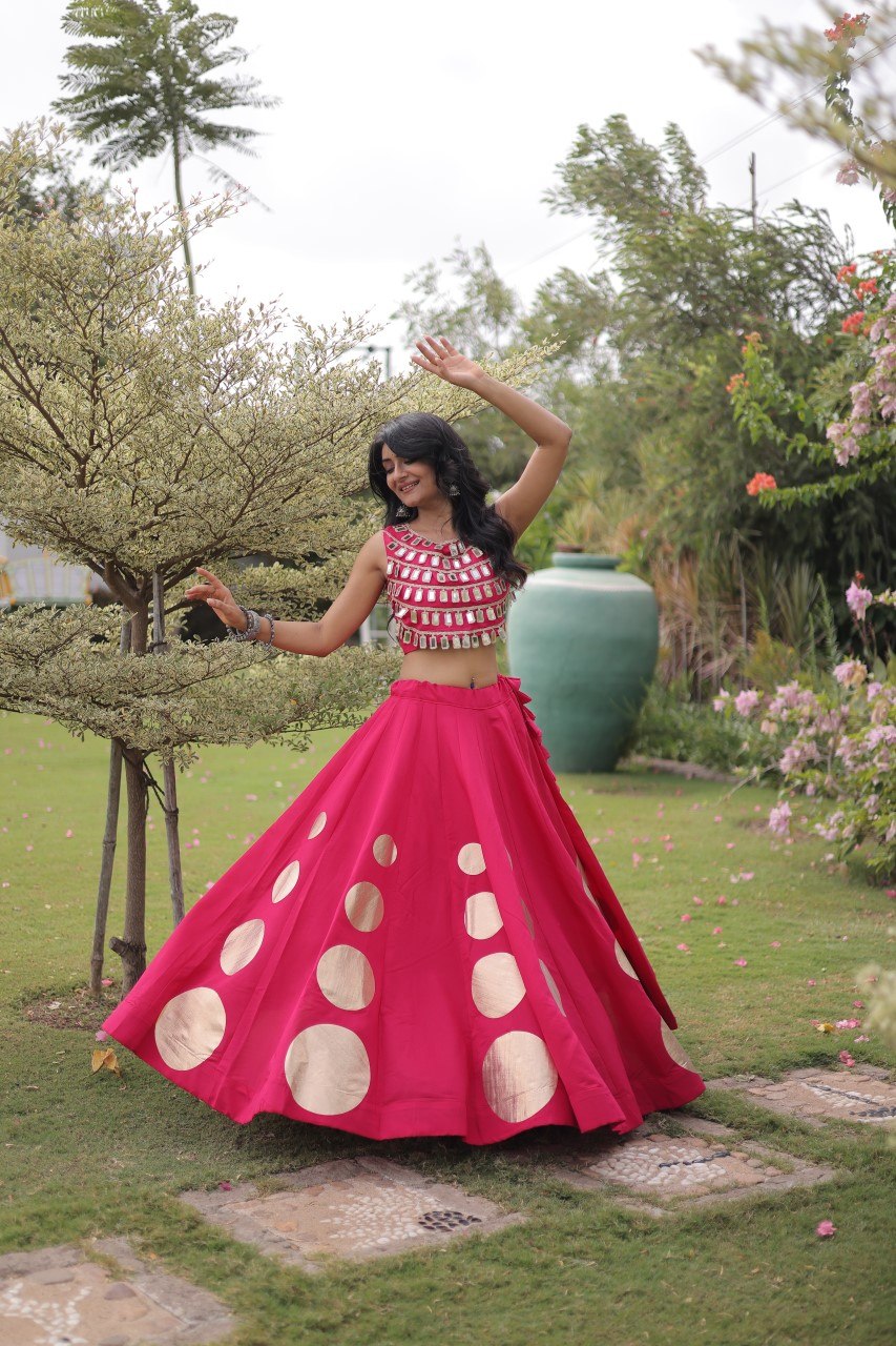 Trendy Pink Roman Silk Crop Top With Lehenga Set for Women - Navratri & Festive Wear