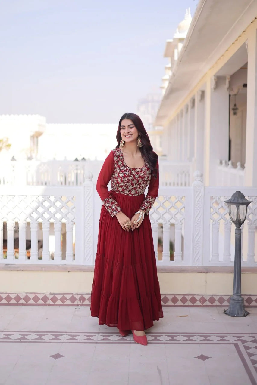 Graceful Four-Layer Frill Gown with Rich Zari & Sequins Design