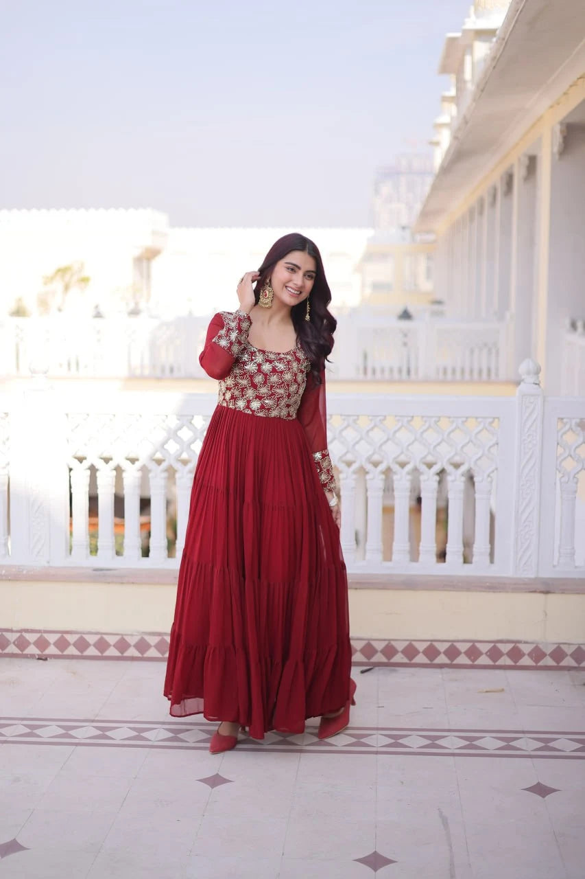 Graceful Four-Layer Frill Gown with Rich Zari & Sequins Design