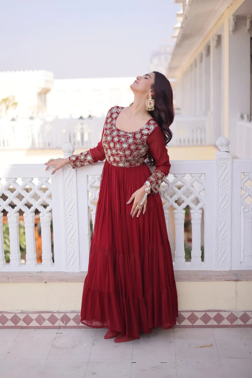 Graceful Four-Layer Frill Gown with Rich Zari & Sequins Design