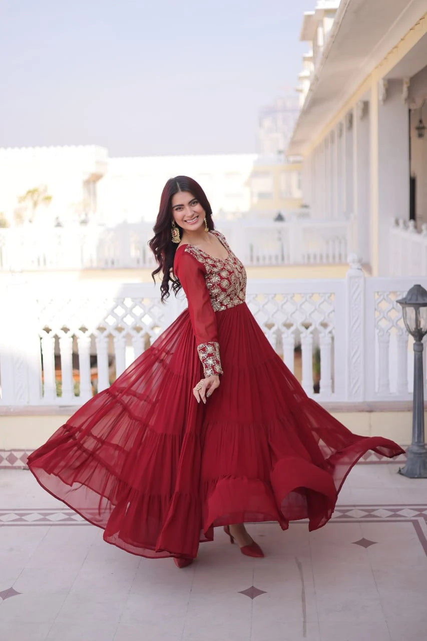Graceful Four-Layer Frill Gown with Rich Zari & Sequins Design