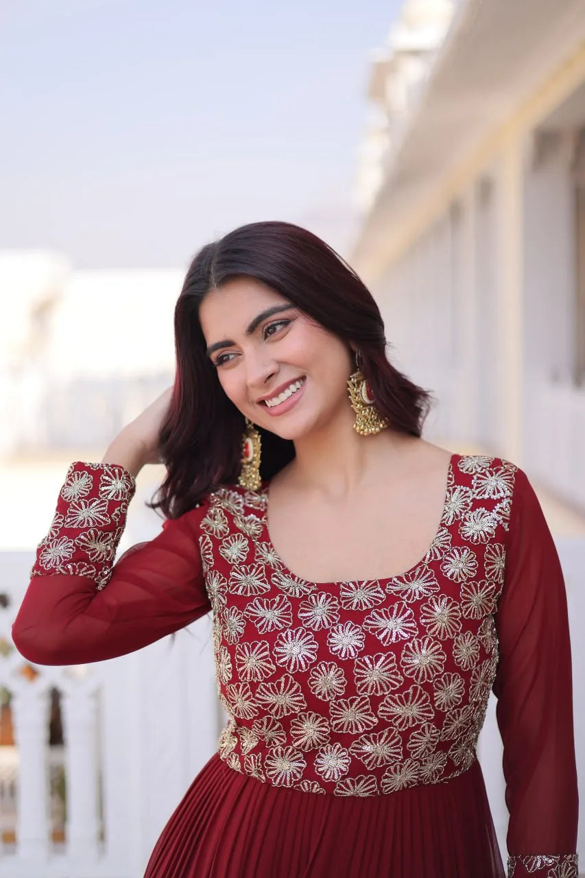 Graceful Four-Layer Frill Gown with Rich Zari & Sequins Design