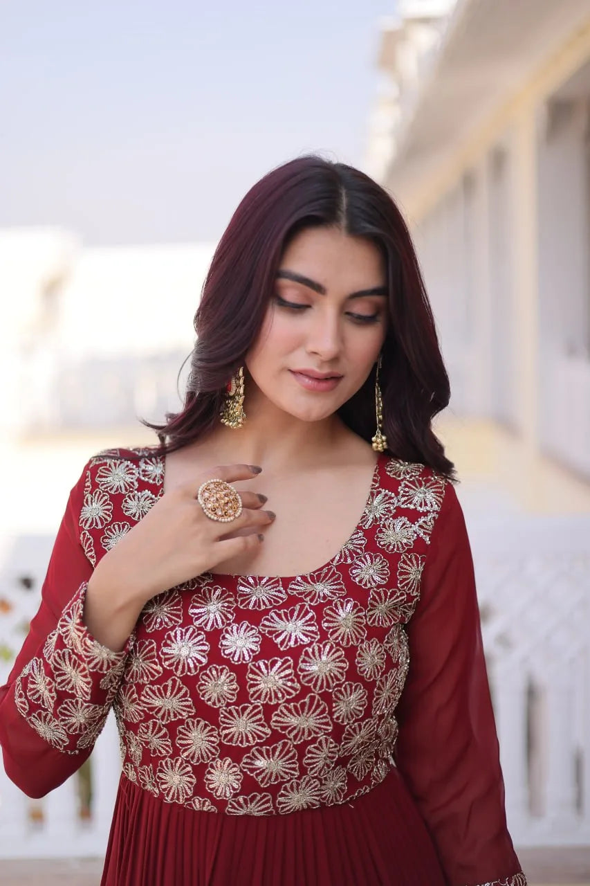Graceful Four-Layer Frill Gown with Rich Zari & Sequins Design