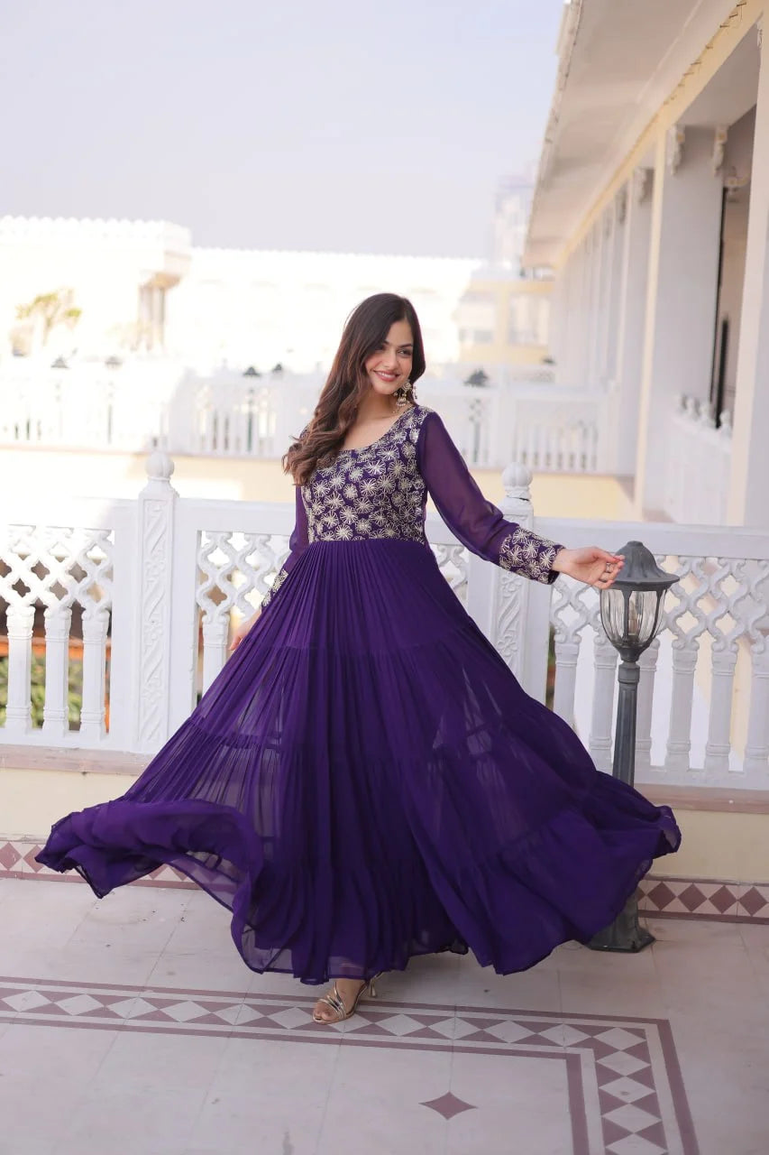 Royal Faux Georgette Sequins & Zari Embroidered Layered Gown
