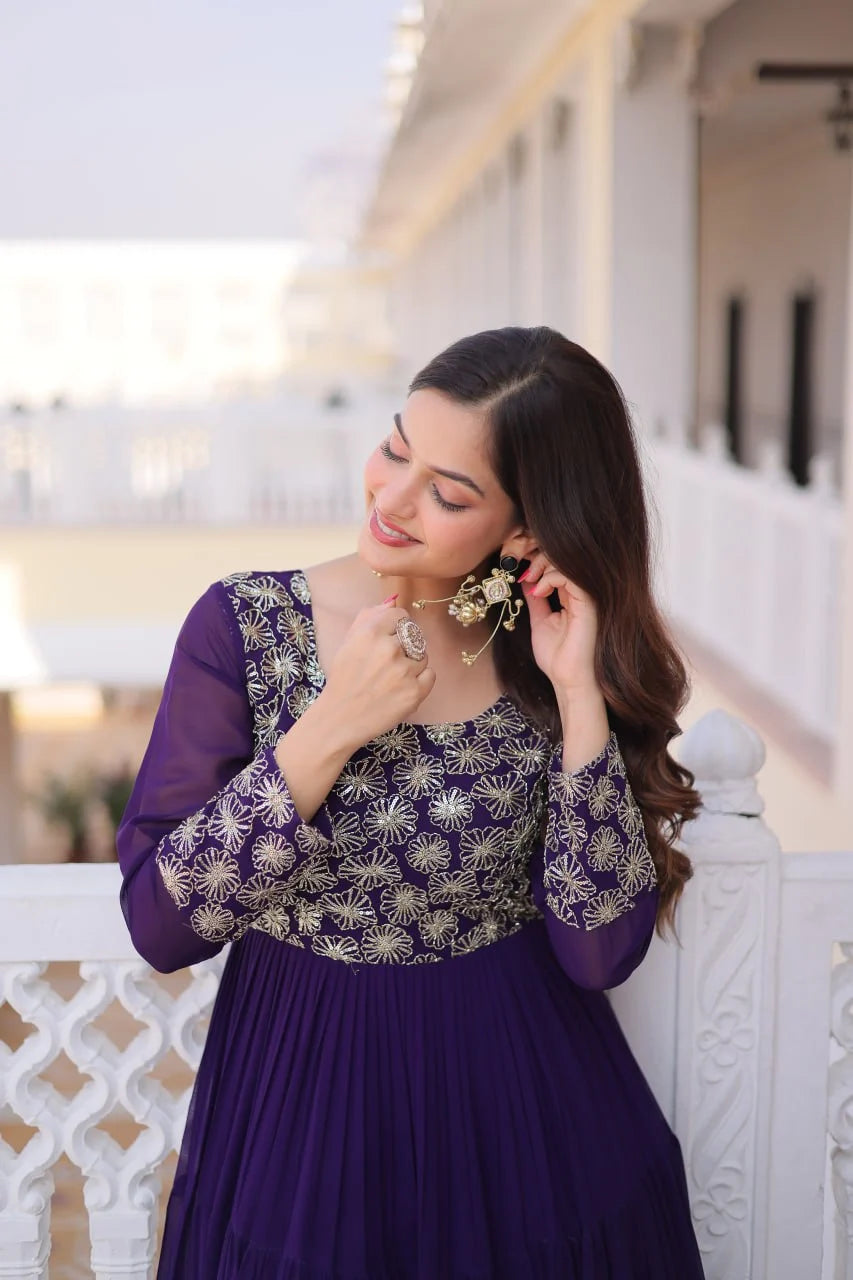 Royal Faux Georgette Sequins & Zari Embroidered Layered Gown