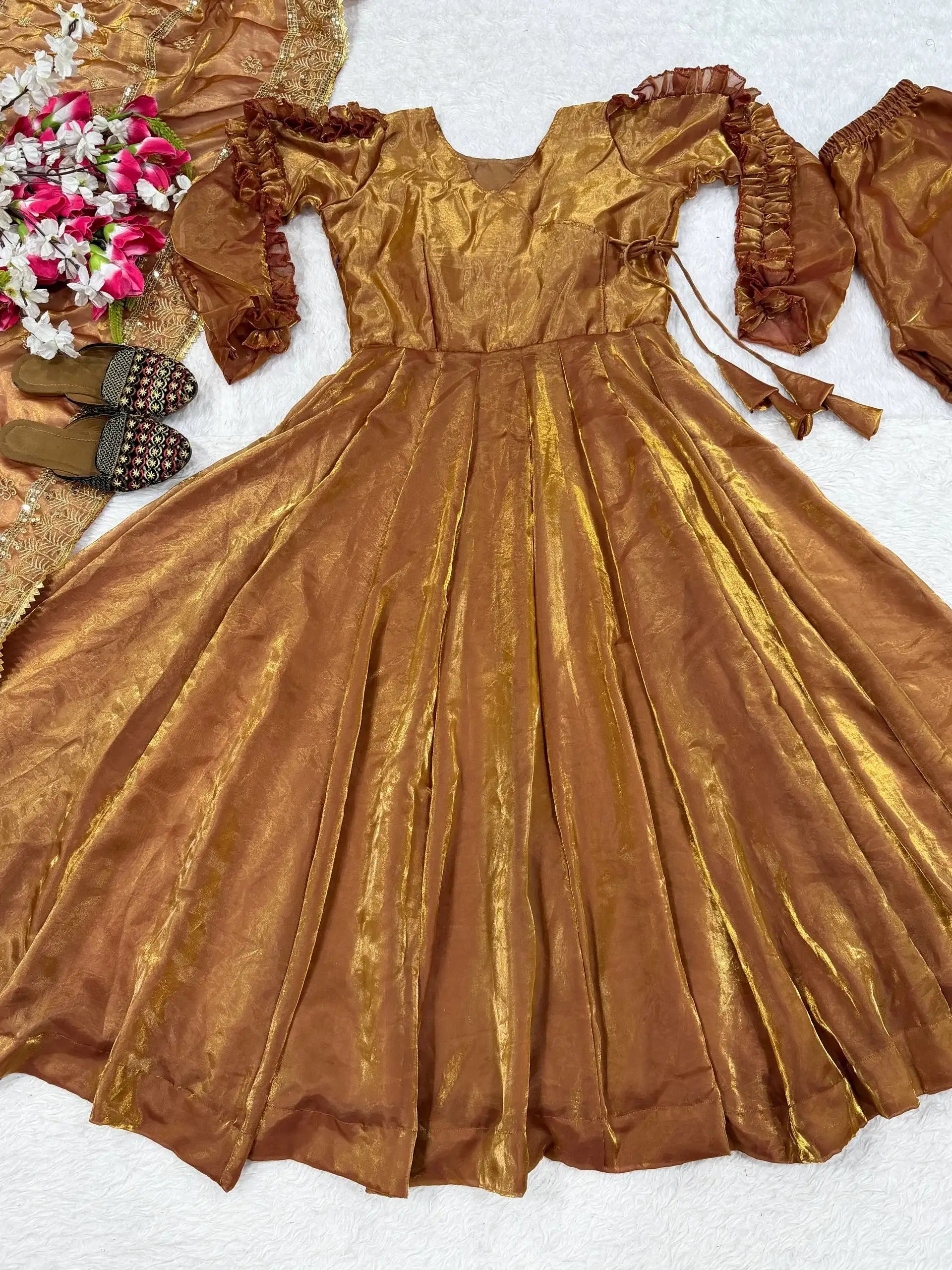 Premium Fendy Silk Anarkali Set with Elegant Flair & Embroidery