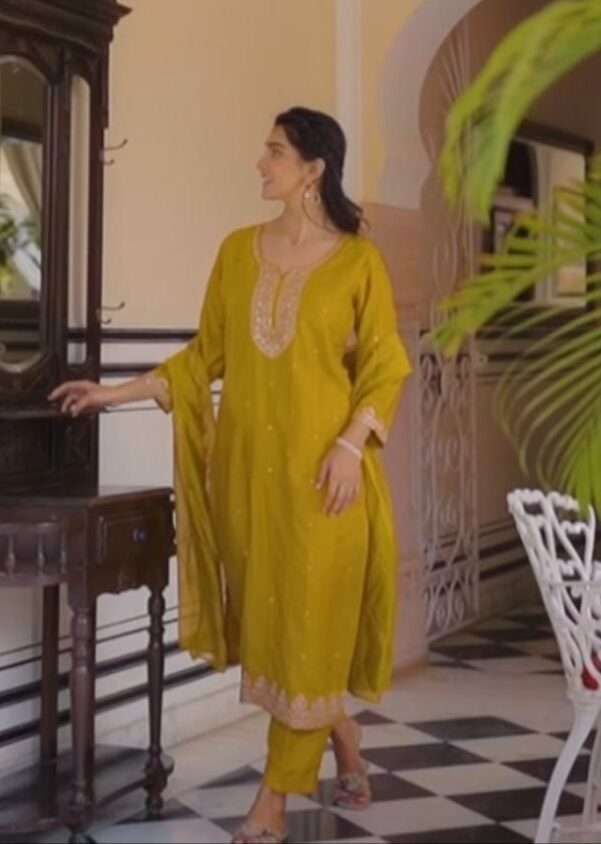 Mustard Festival Kurti Pair – Pure Chinon with Thread & Sequence Work