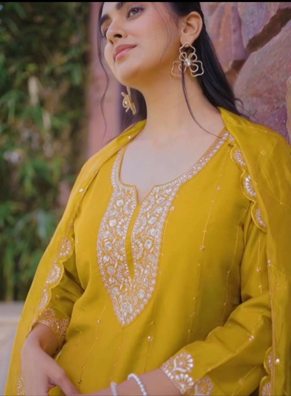 Mustard Festival Kurti Pair – Pure Chinon with Thread & Sequence Work
