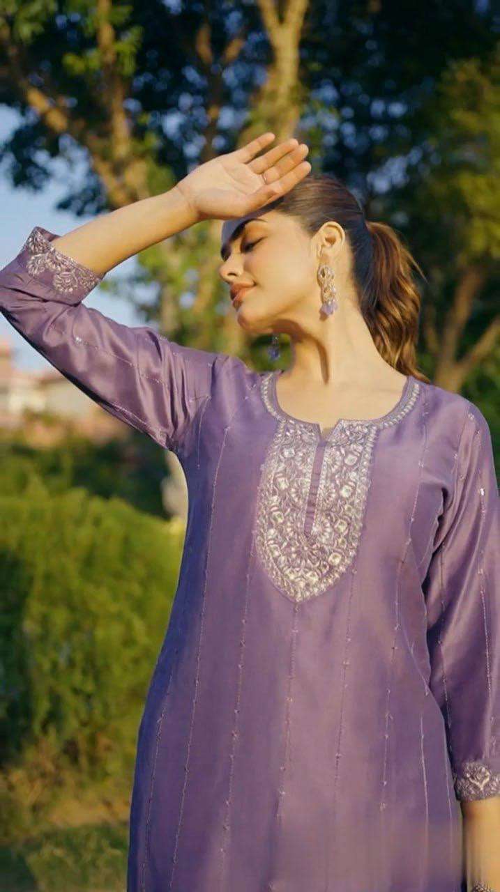 Luxury Purple Chinon Kurti & Pant Set â€“ Elegant Festive Wear for Women