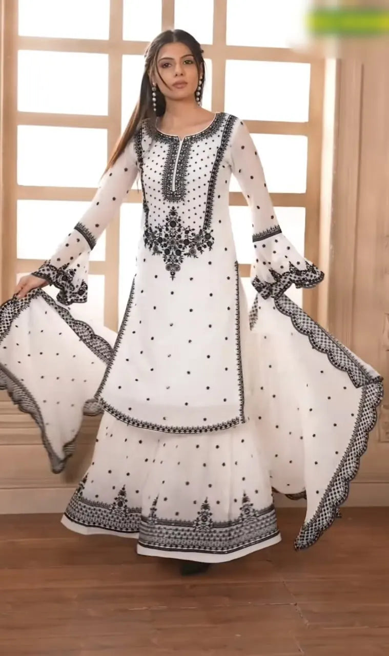 Party Wear Heavy Fox Georgette Embroidered Kurti with Bottom & Dupatta