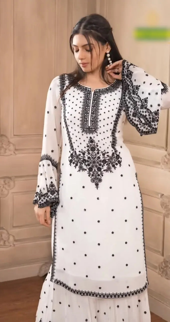 Party Wear Heavy Fox Georgette Embroidered Kurti with Bottom & Dupatta