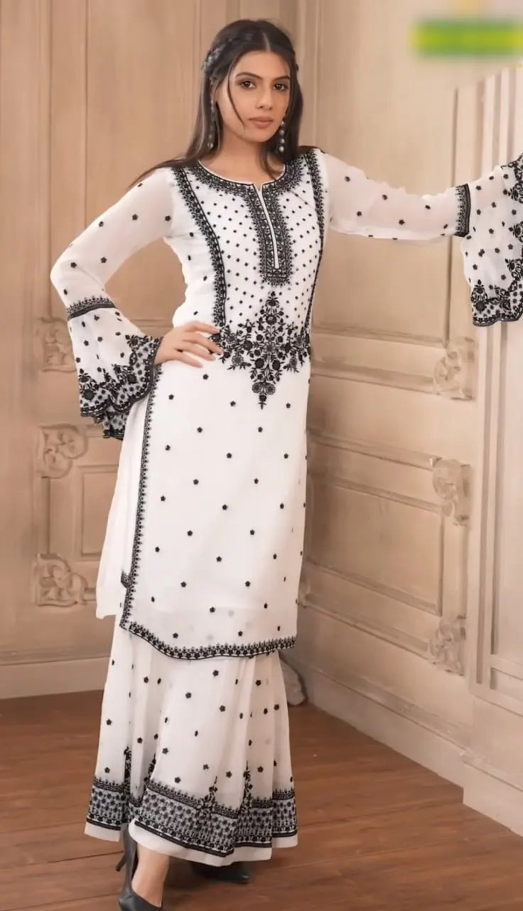 Party Wear Heavy Fox Georgette Embroidered Kurti with Bottom & Dupatta