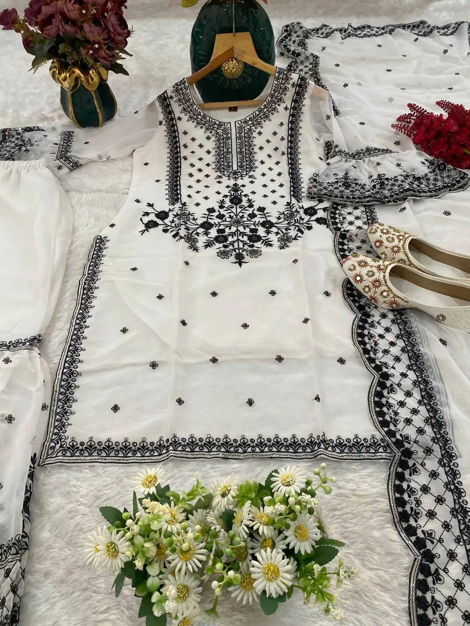 Party Wear Heavy Fox Georgette Embroidered Kurti with Bottom & Dupatta