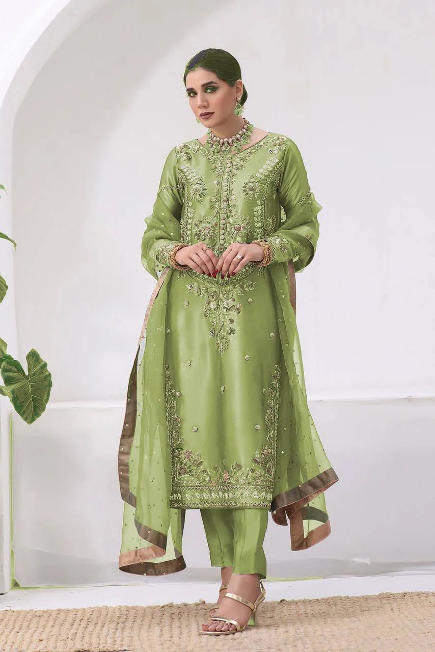 Pure Jimmy Choo Silk Embroidered Top with Butter Silk Bottom & Net Dupatta Set