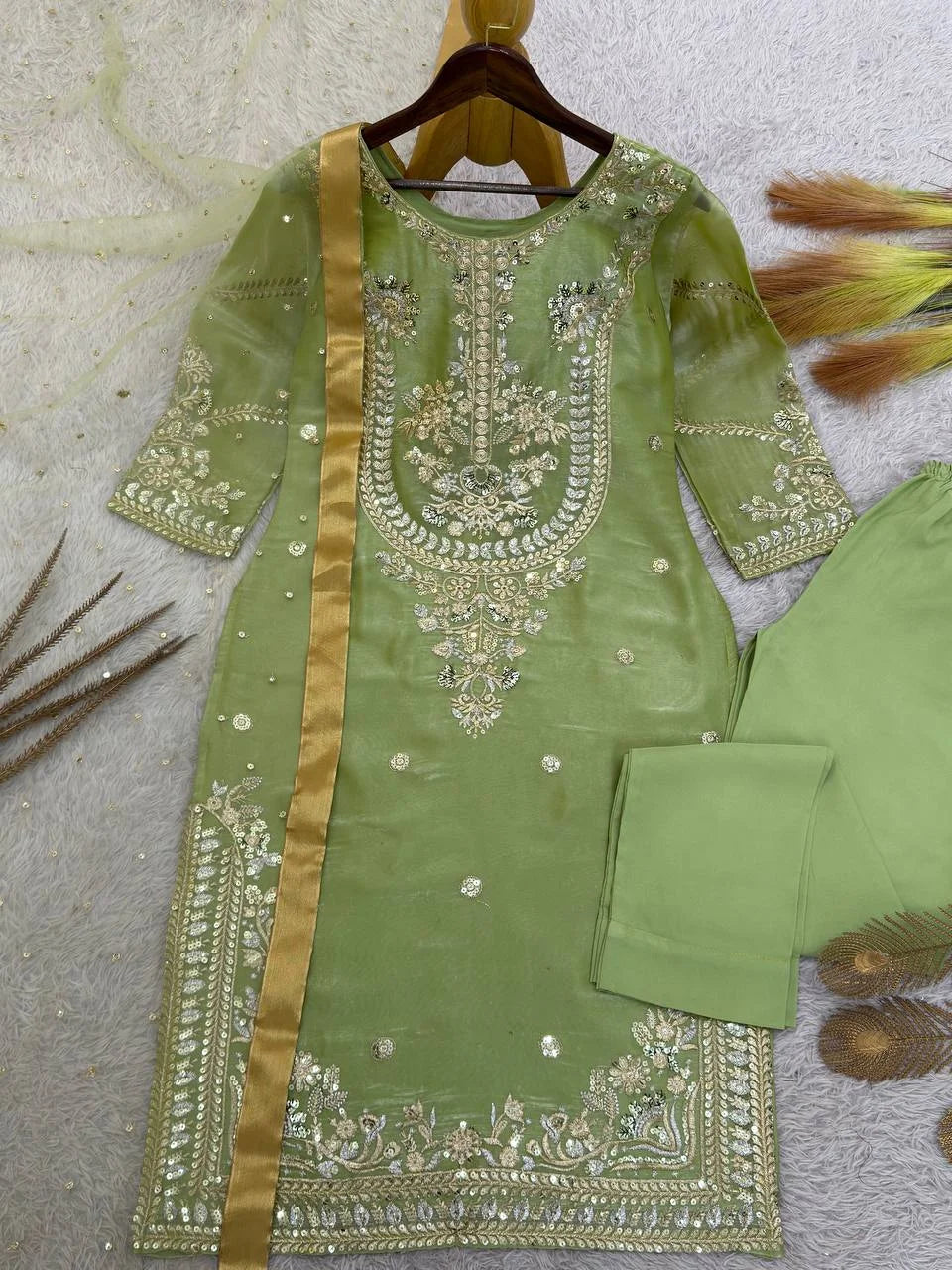 Pure Jimmy Choo Silk Embroidered Top with Butter Silk Bottom & Net Dupatta Set