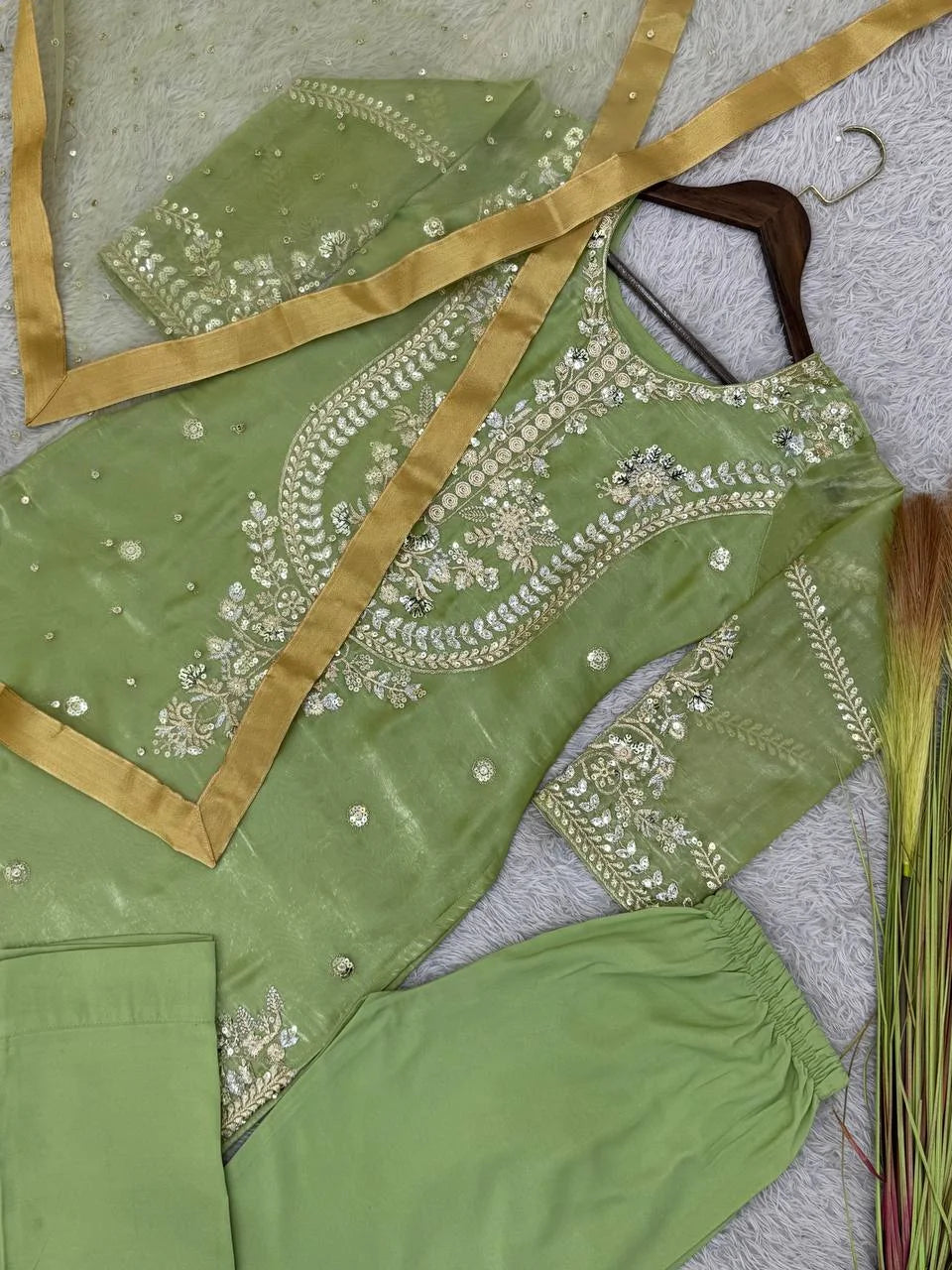 Pure Jimmy Choo Silk Embroidered Top with Butter Silk Bottom & Net Dupatta Set