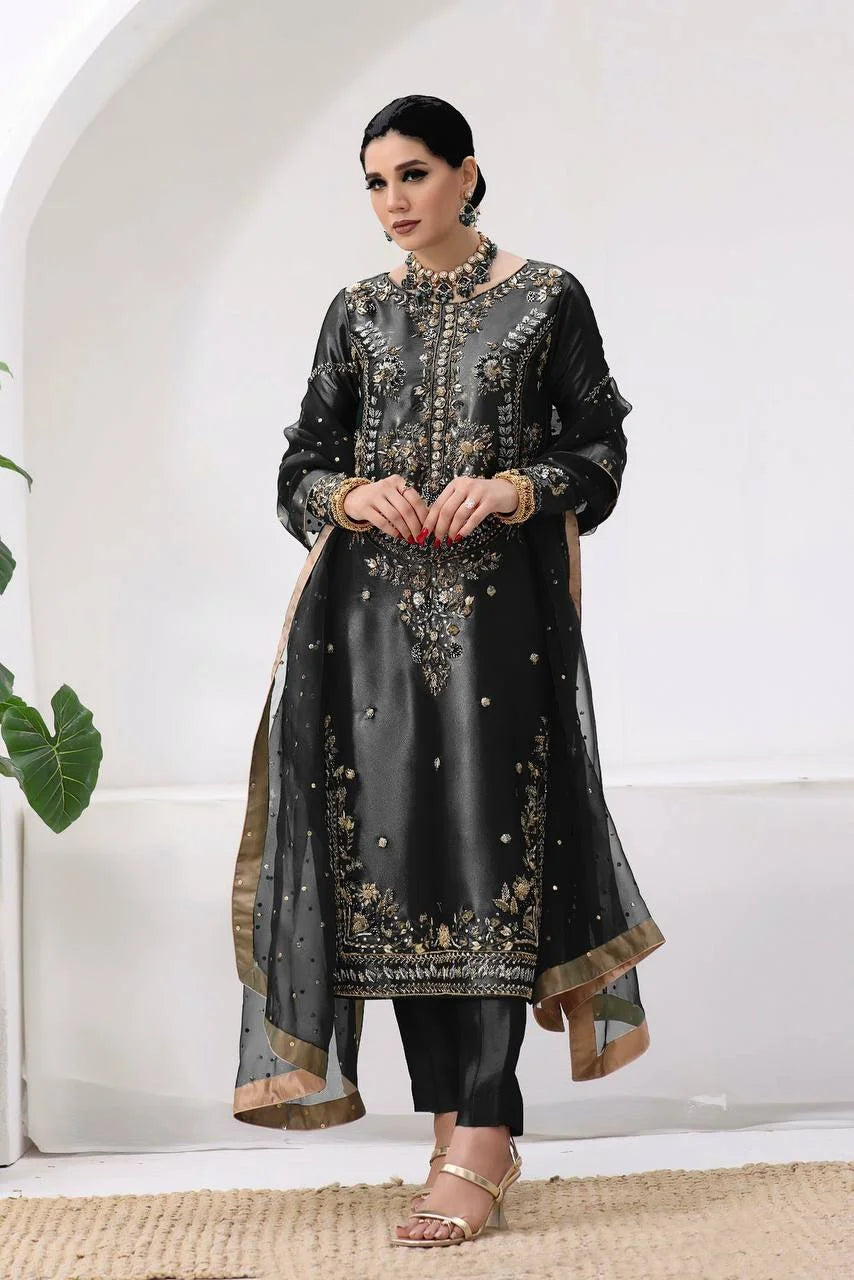 Designer Jimmy Choo Silk Top & Butter Silk Bottom Set with Embroidered Net Dupatta