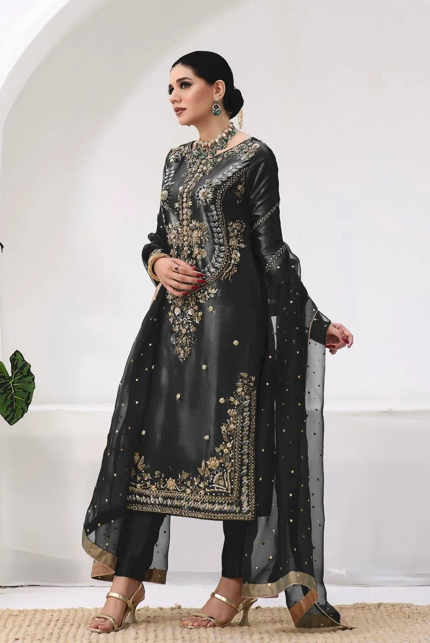 Designer Jimmy Choo Silk Top & Butter Silk Bottom Set with Embroidered Net Dupatta