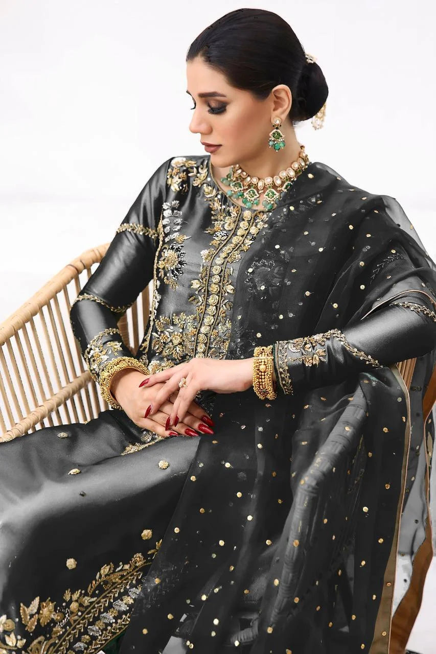Designer Jimmy Choo Silk Top & Butter Silk Bottom Set with Embroidered Net Dupatta