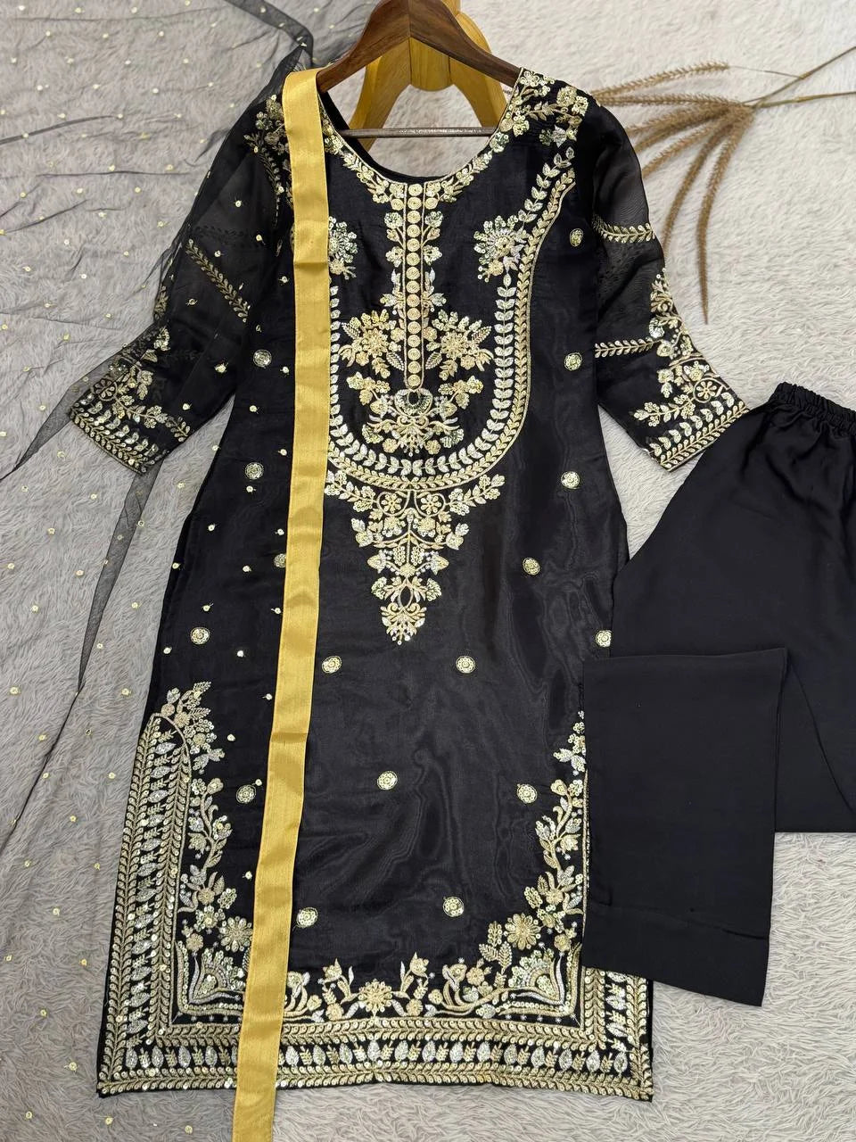 Designer Jimmy Choo Silk Top & Butter Silk Bottom Set with Embroidered Net Dupatta