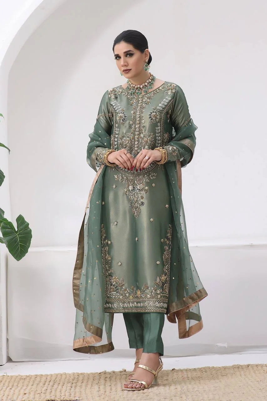 Elegant Jimmy Choo Silk Embroidery Topâ€“Bottom Set with Butterfly Net Dupatta