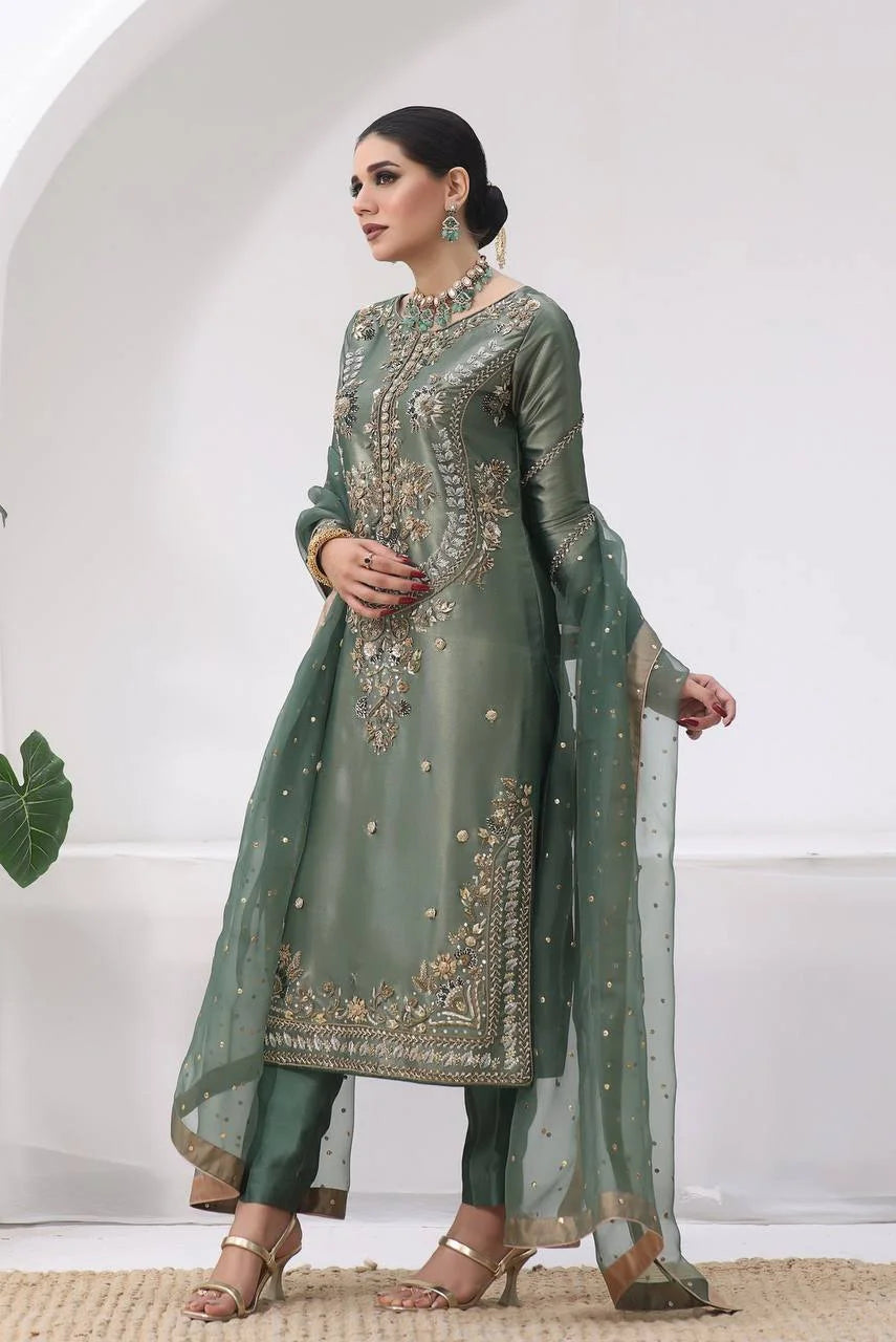 Elegant Jimmy Choo Silk Embroidery Topâ€“Bottom Set with Butterfly Net Dupatta