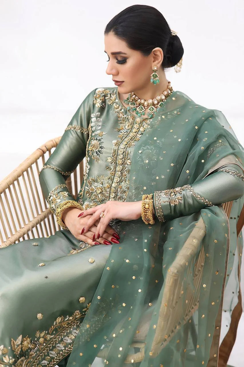 Elegant Jimmy Choo Silk Embroidery Topâ€“Bottom Set with Butterfly Net Dupatta