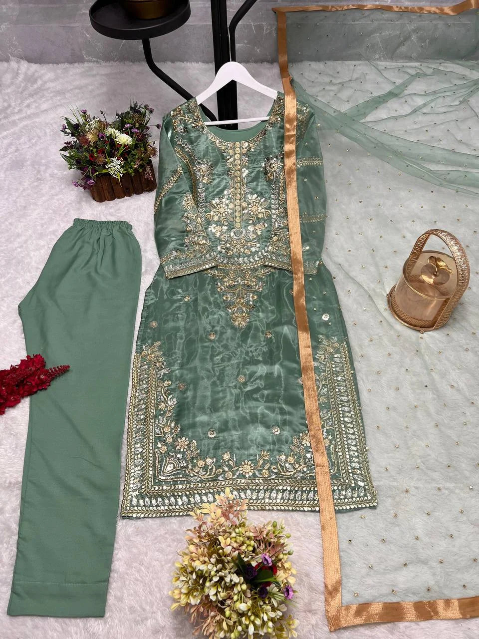 Elegant Jimmy Choo Silk Embroidery Topâ€“Bottom Set with Butterfly Net Dupatta