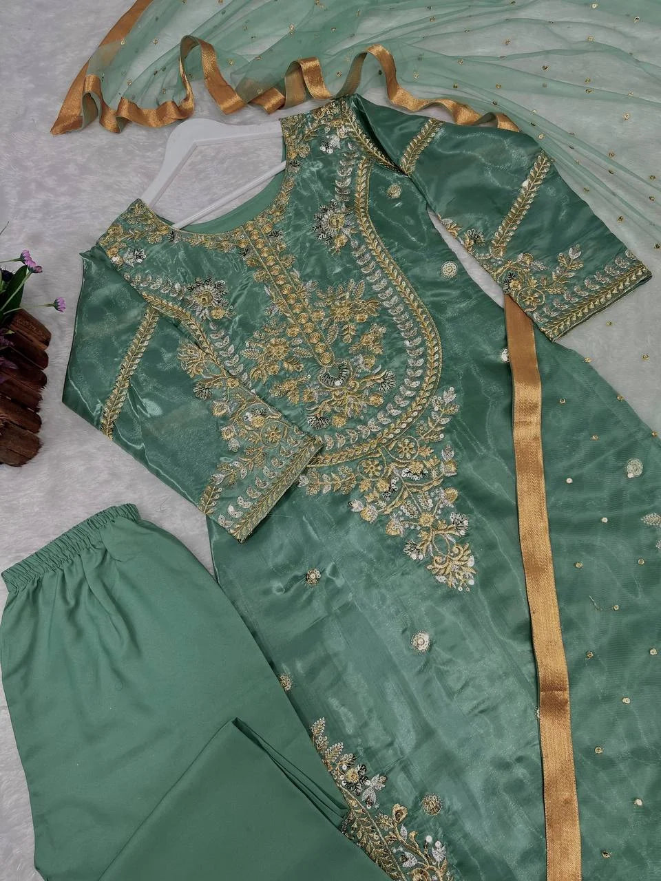 Elegant Jimmy Choo Silk Embroidery Topâ€“Bottom Set with Butterfly Net Dupatta