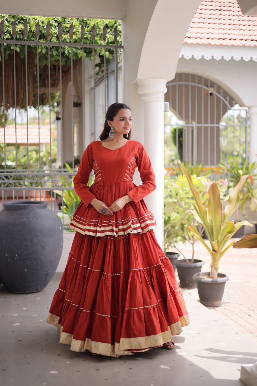 Stylish Rust Orange Cotton Peplum Lehenga Dress for Ethnic Festive Occasions