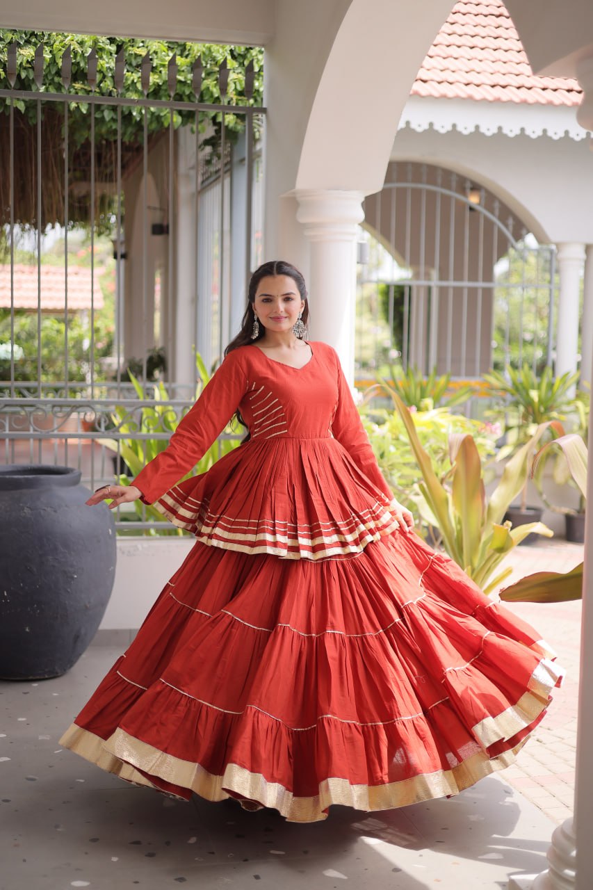 Stylish Rust Orange Cotton Peplum Lehenga Dress for Ethnic Festive Occasions