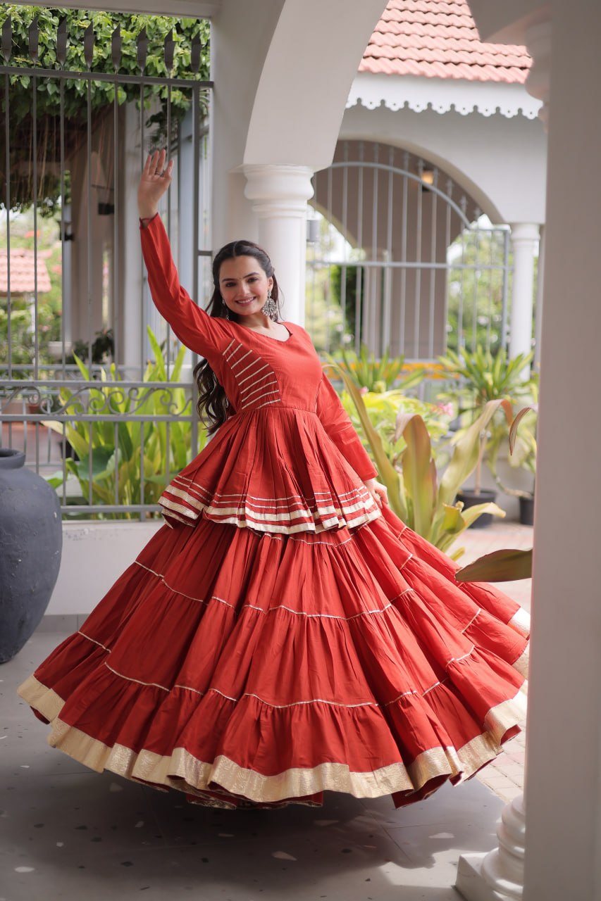 Stylish Rust Orange Cotton Peplum Lehenga Dress for Ethnic Festive Occasions